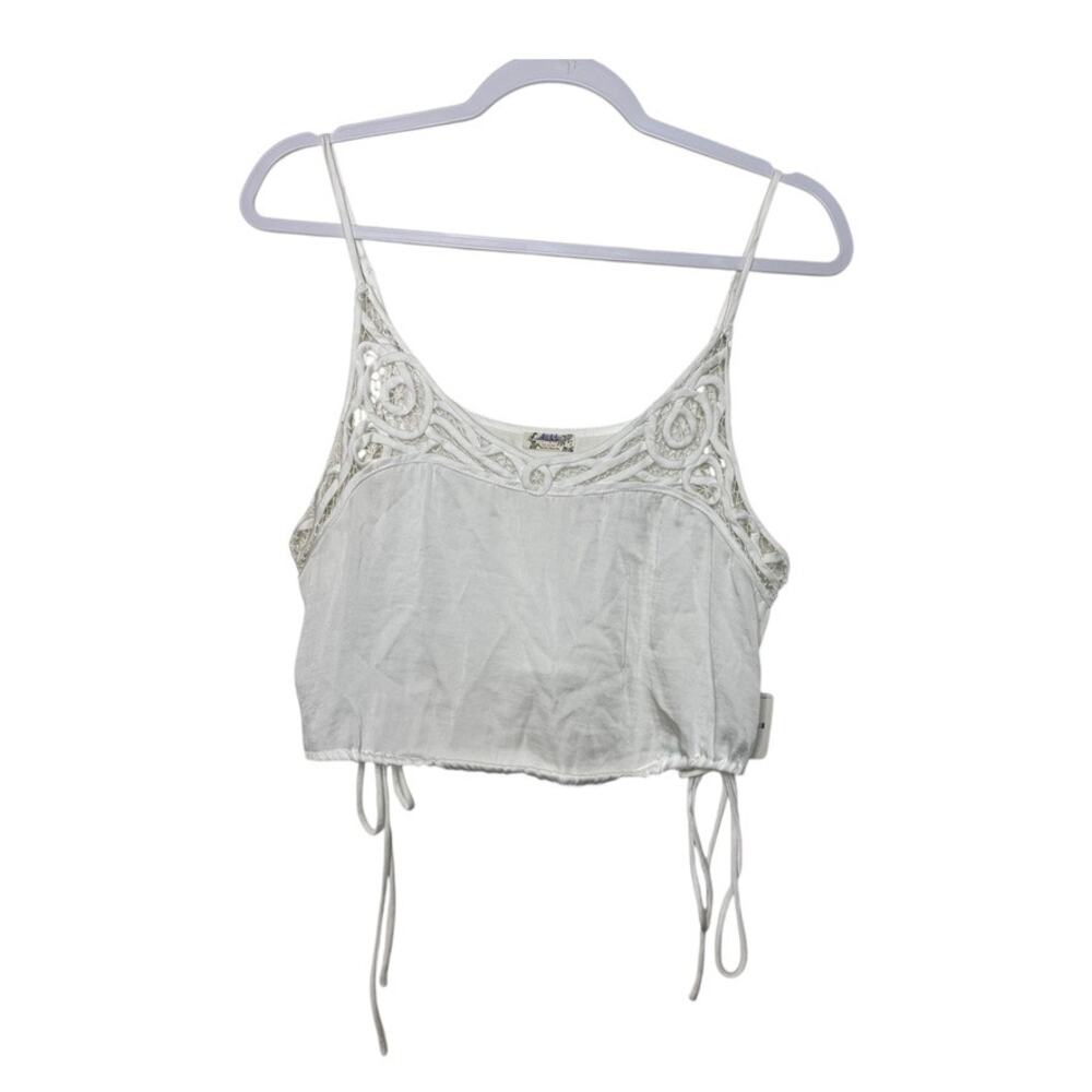 Free People Blouson Lace‎ Tie Crop Top Women m White Boho NWT Satin Lightweight